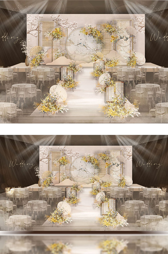 原创新中式清新古风裸色黄色婚礼舞台效果图