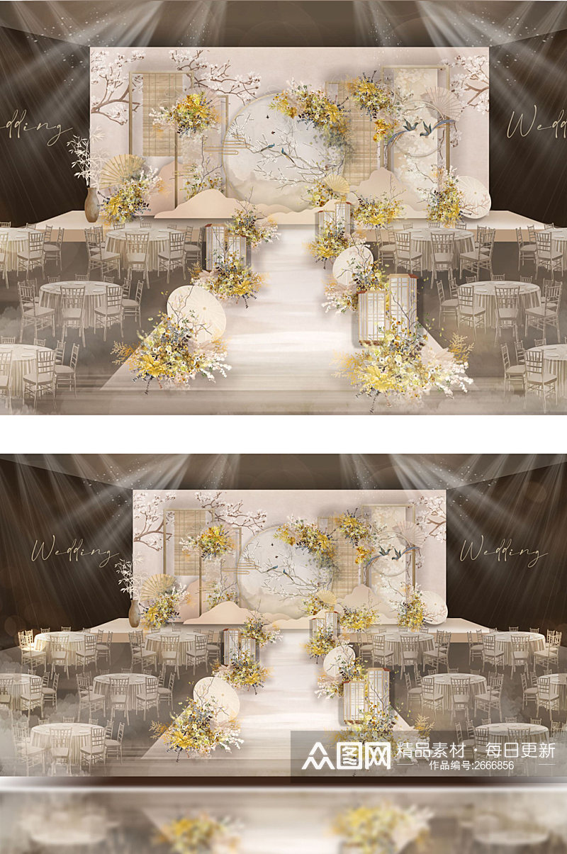 原创新中式清新古风裸色黄色婚礼舞台效果图素材
