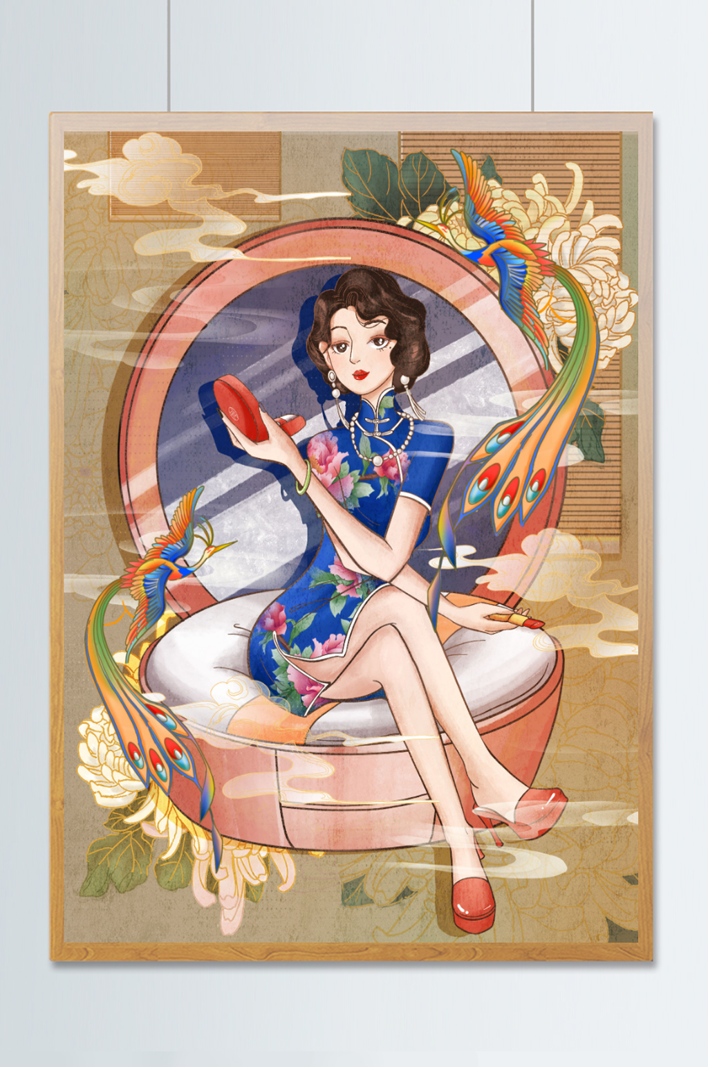 旗袍女孩购物节美妆插画背包背景素材