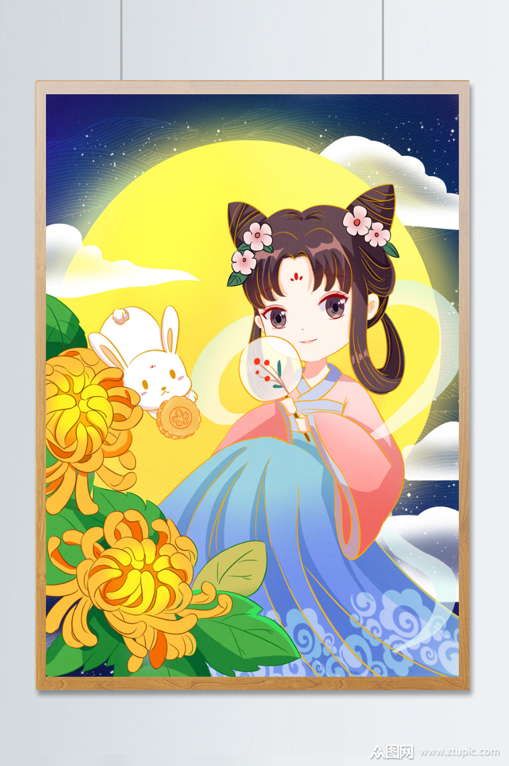 中秋嫦娥玉兔卡通可爱风插画模板下载-编号2700642-众图网