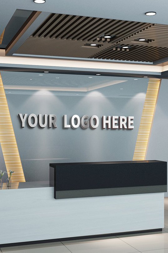 高端办公室接待前台金属logo样机