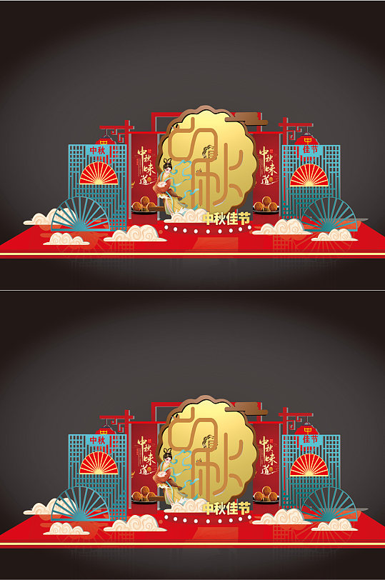 中国风红色月亮节中秋节商场美陈立体展台-众图网