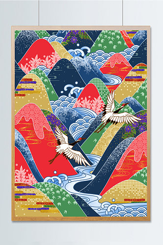 中国风多彩山水仙鹤纹样