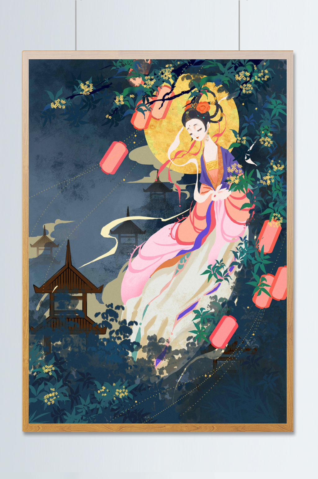 中秋月圆嫦娥飞天 中秋节插画素材