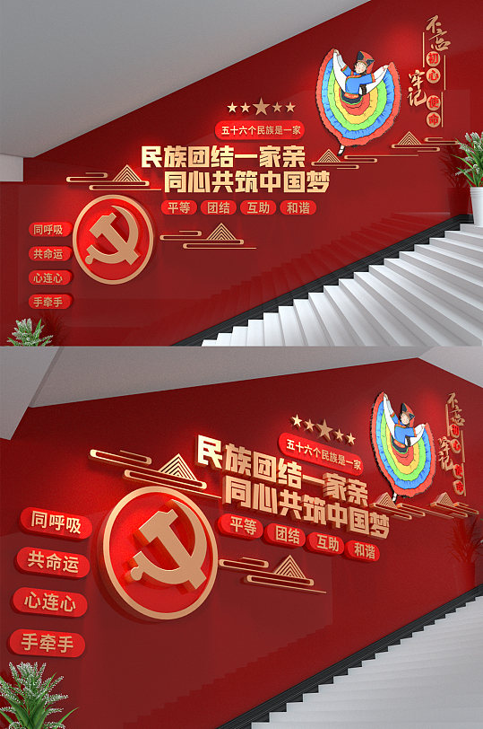 红色大气民族大团结一家亲楼梯党建文化墙