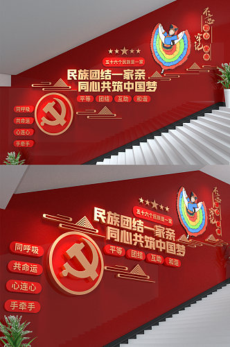 红色大气民族大团结一家亲楼梯党建文化墙