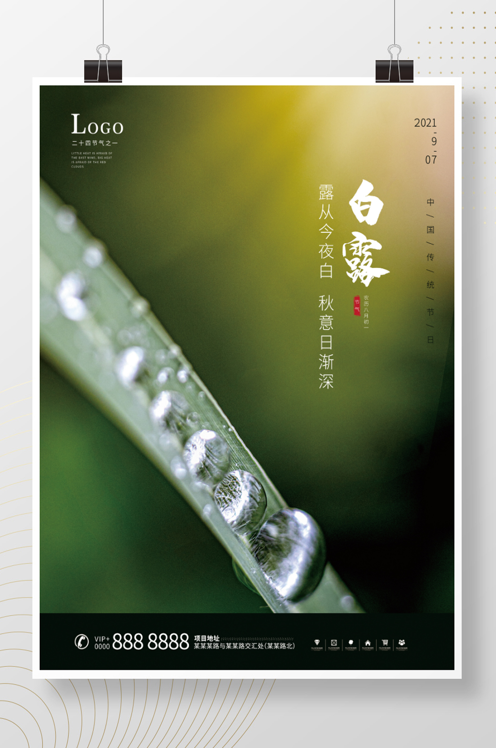 白露绿叶水珠二十四节气海报素材