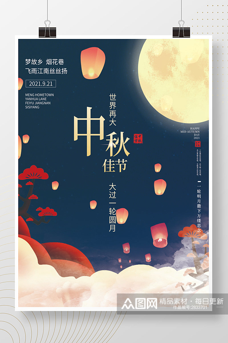 蓝色简约创意中秋节孔明灯海报素材