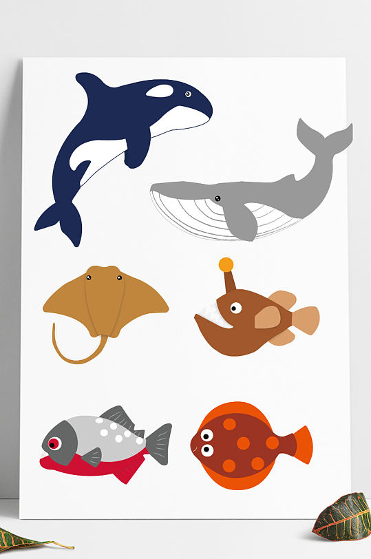 矢量图卡通手绘鲸鱼食人鱼清道刺鳐海洋动物