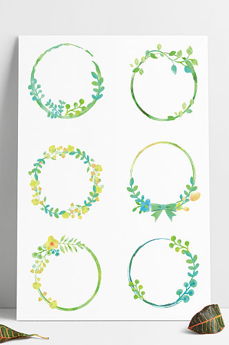 清新简约花环圆框绿色植物手帐素材矢量图案