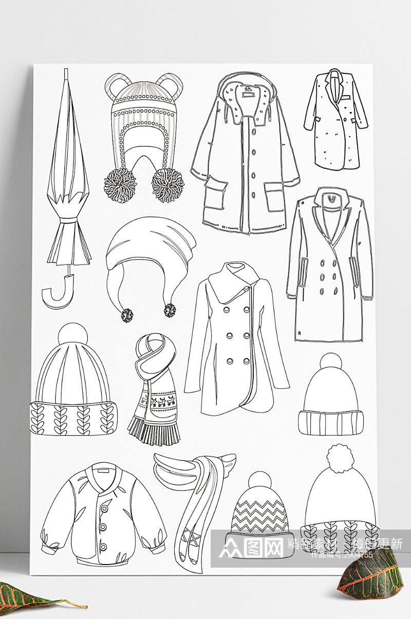 手绘卡通素描冬天服装外套素材