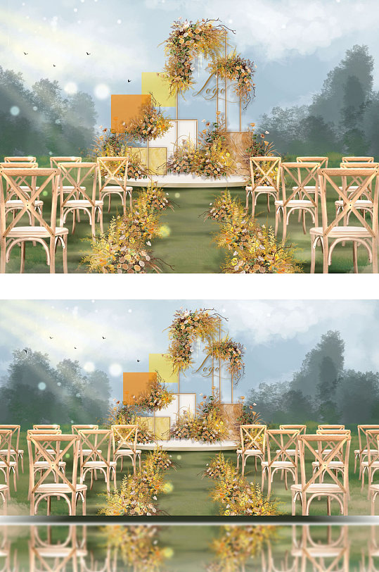 原创户外清新简约黄橙色婚礼舞台效果图-众图网