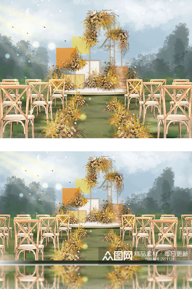 原创户外清新简约黄橙色婚礼舞台效果图素材