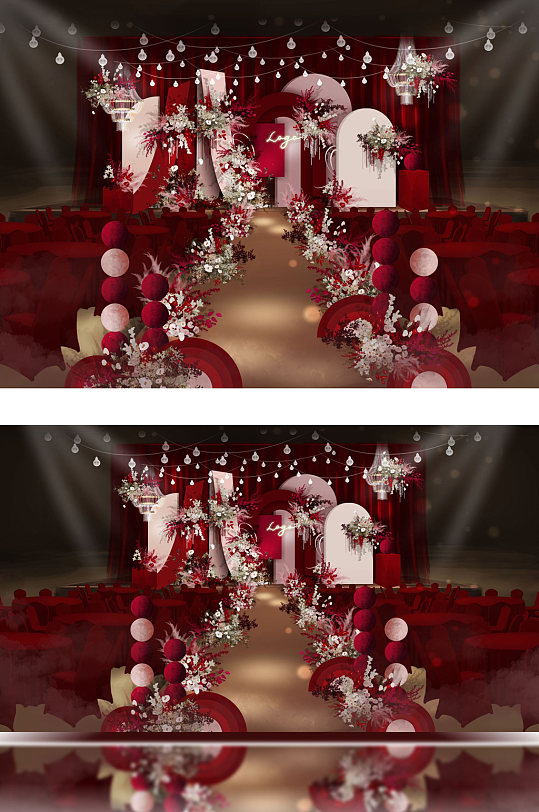 原创撞色几何风格红粉色调婚礼舞台效果图