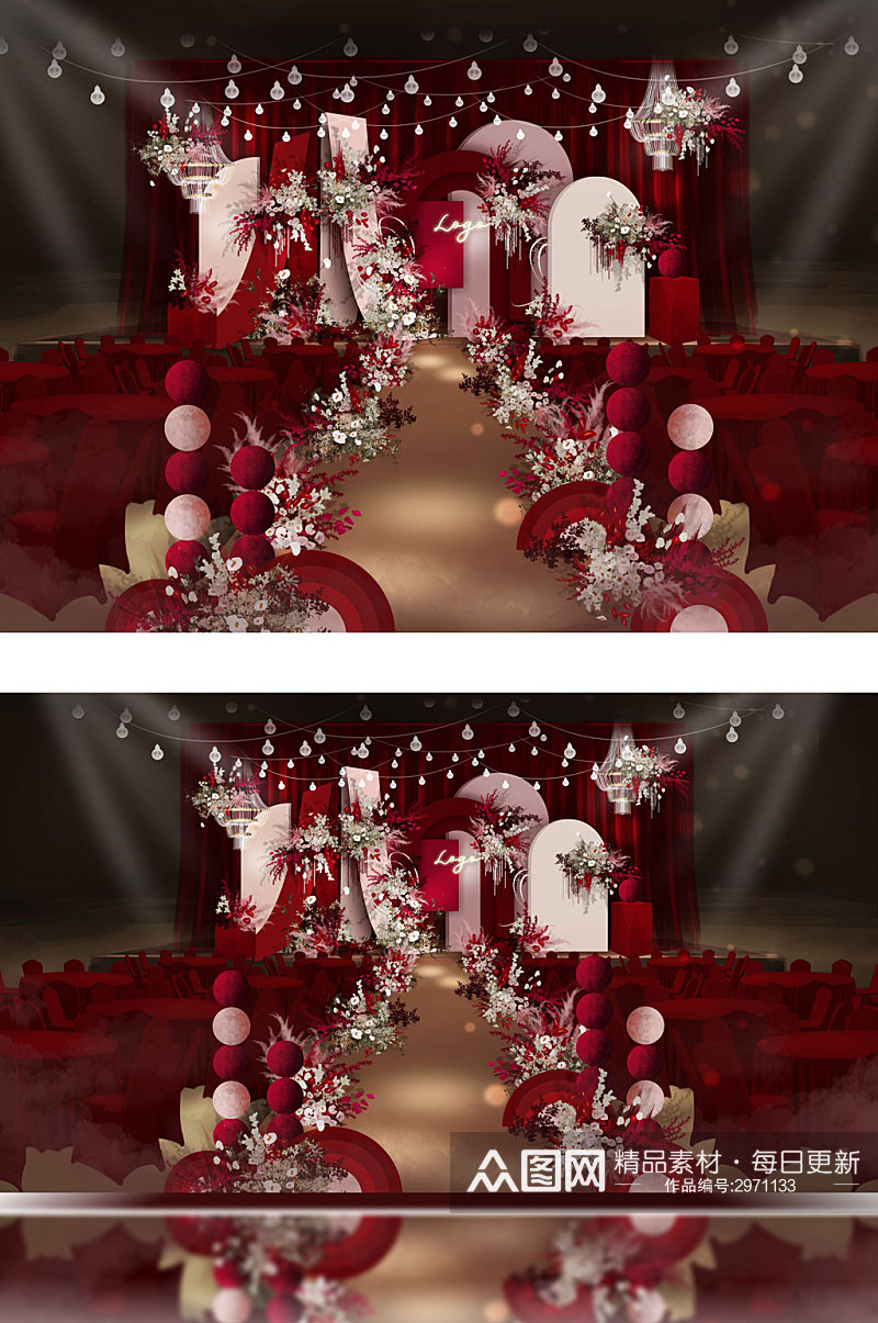 原创撞色几何风格红粉色调婚礼舞台效果图素材