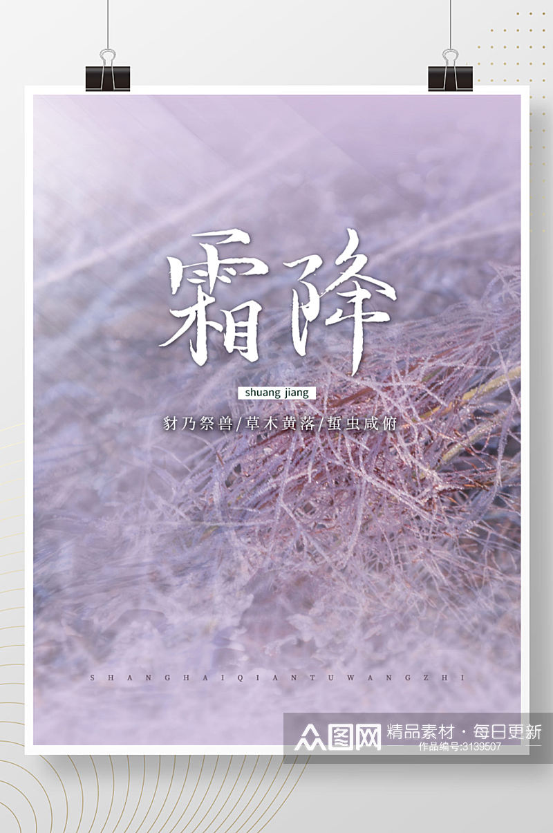 简约霜降节气摄影海报结冰植物背景素材素材