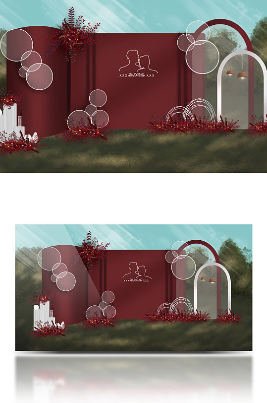 简约红色户外婚礼效果图迎宾签到区-众图网