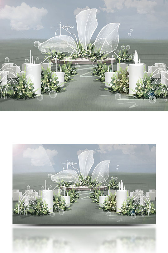 唯美森系白绿韩式户外婚礼效果图-众图网