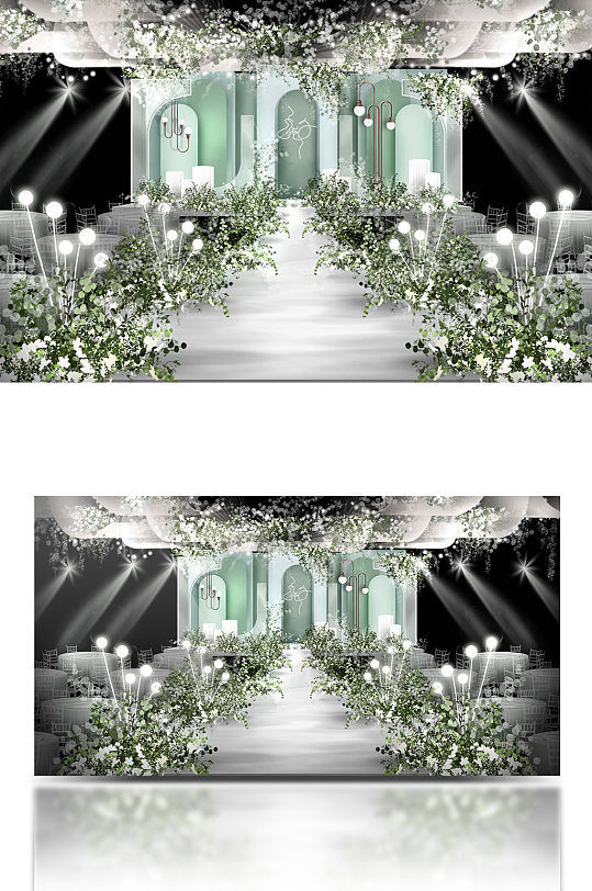 韩式白绿现代婚礼效果图