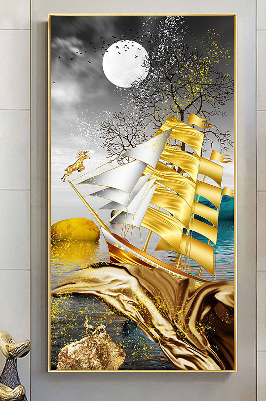 金色麋鹿帆船装饰画