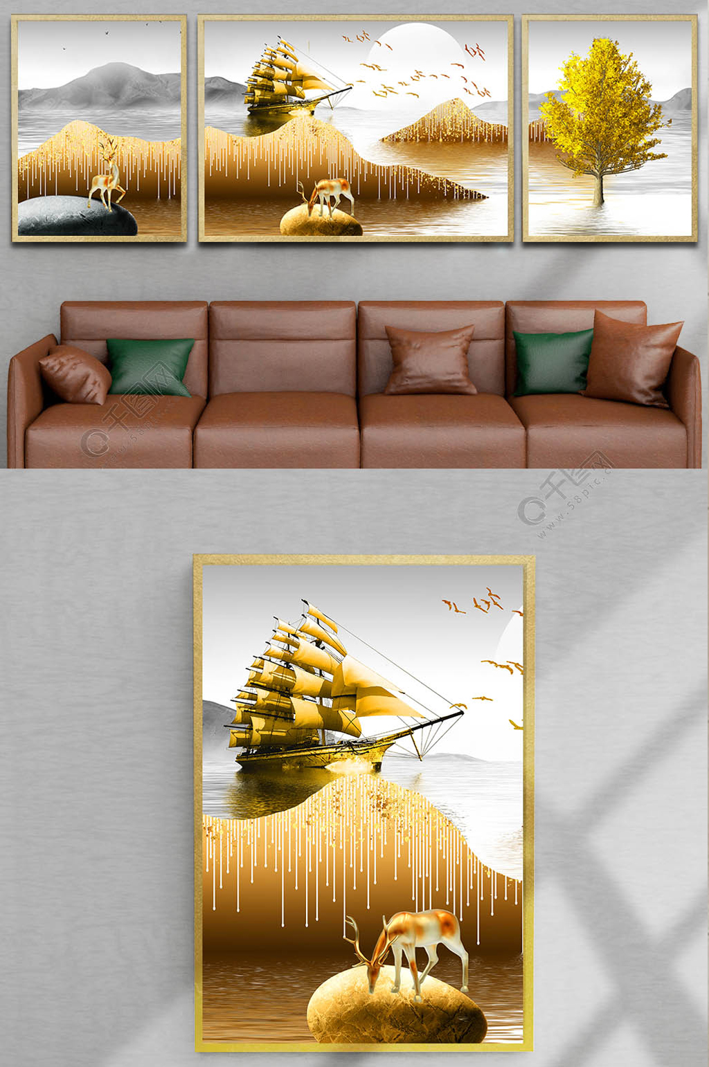 金色麋鹿帆船装饰画三联画素材