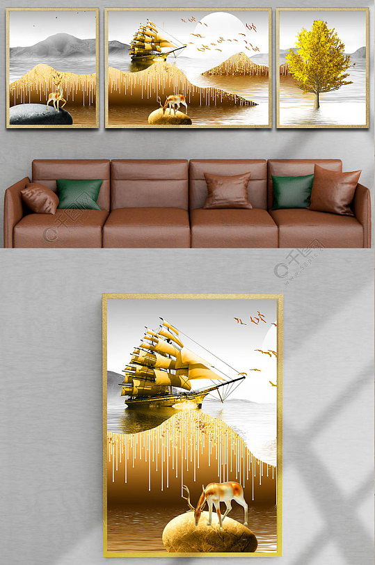 金色麋鹿帆船装饰画三联画