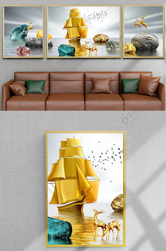 金色麋鹿帆船装饰画三联画