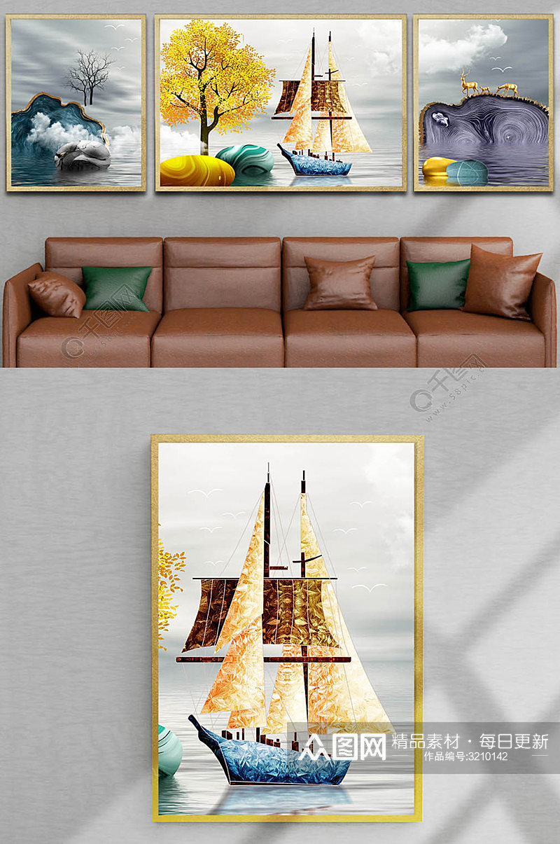 金色麋鹿帆船装饰画三联画素材