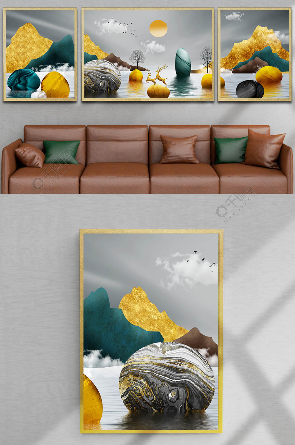 金色麋鹿转运石装饰画三联画素材