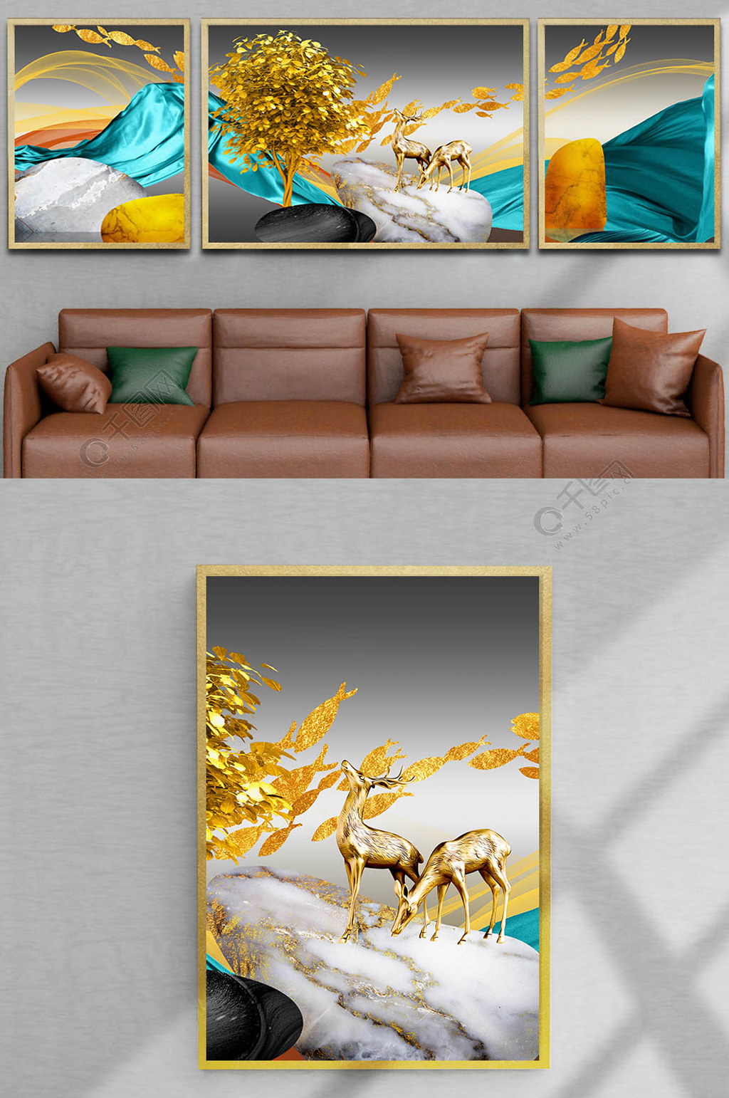 金色麋鹿转运石装饰画三联画素材