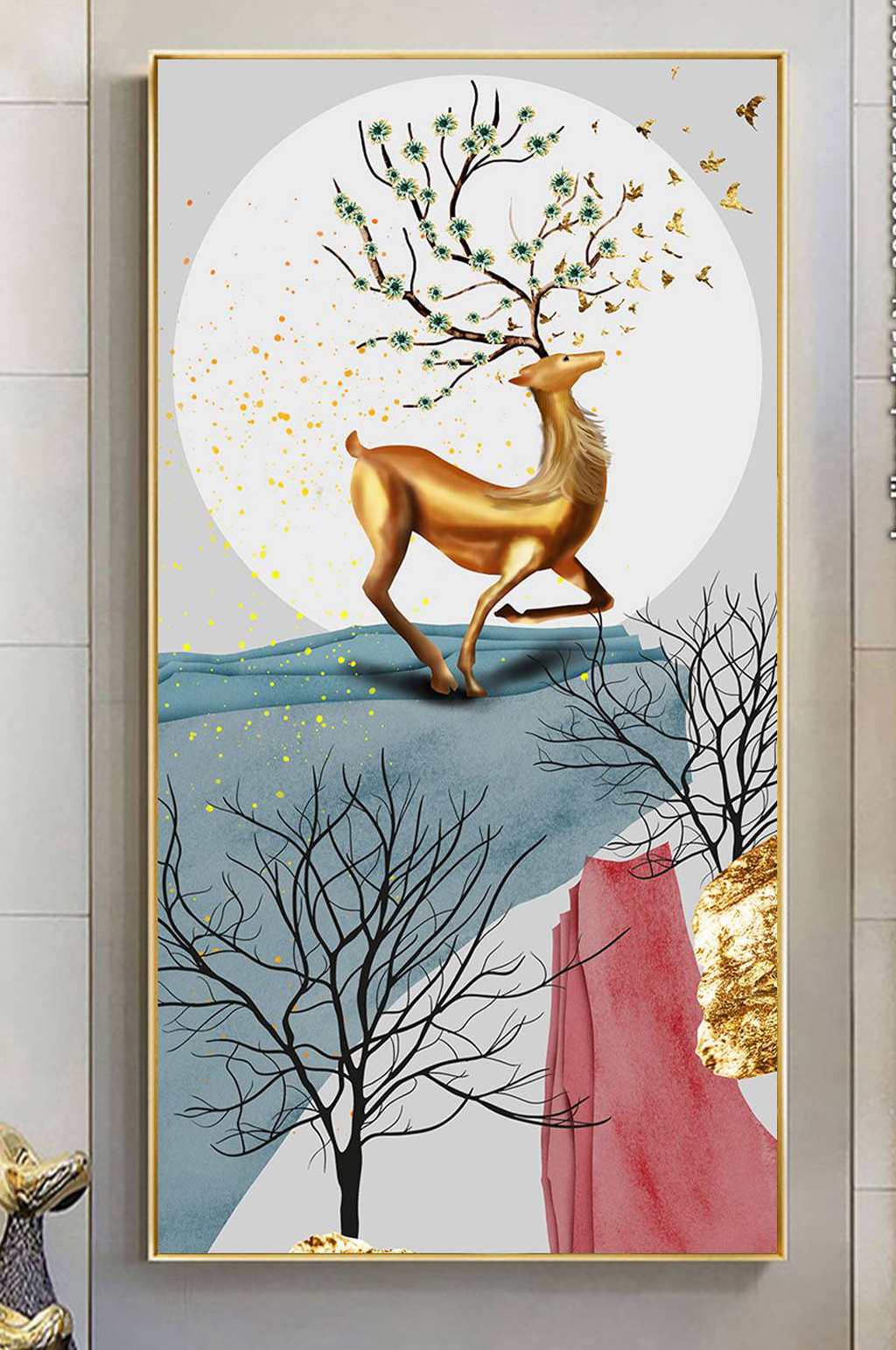金色麋鹿装饰画玄关装饰画素材