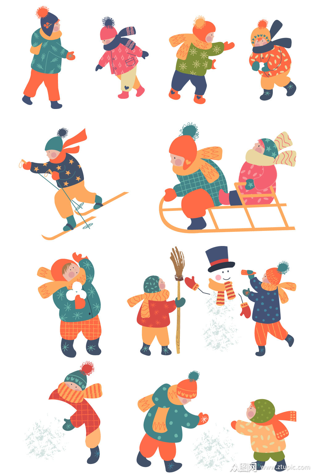 矢量可爱卡通冬天玩雪的小朋友元素素材