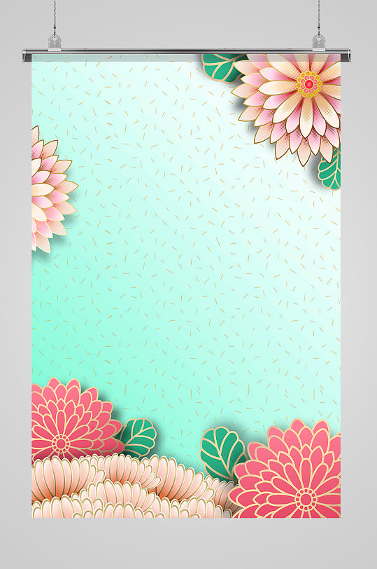立体剪纸浮雕花朵绿色边框底纹背景图