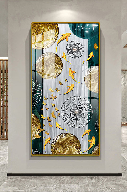 金色年轮九鱼图玄关装饰画-众图网