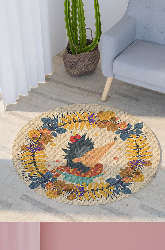 可爱卡通动物儿童房小刺猬圆形地毯图案-众图网