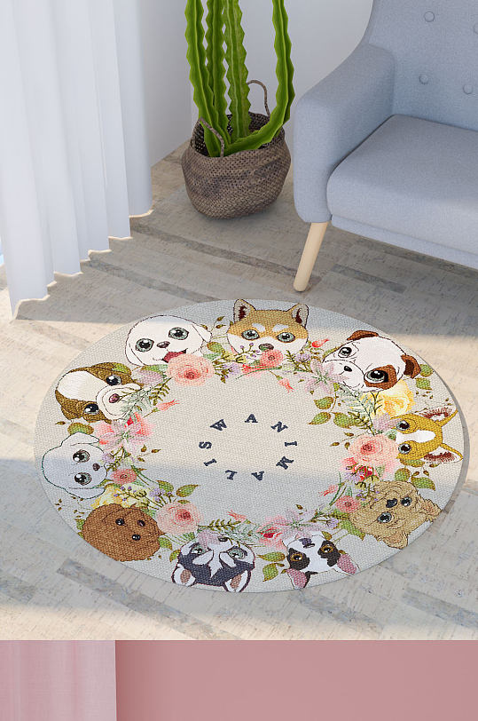 现代可爱卡通宠物狗狗花环圆形地毯图案-众图网