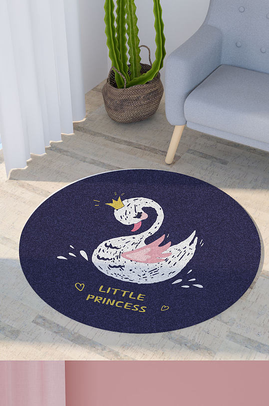 蓝色圆形地毯卡通可爱白色天鹅素材图案-众图网