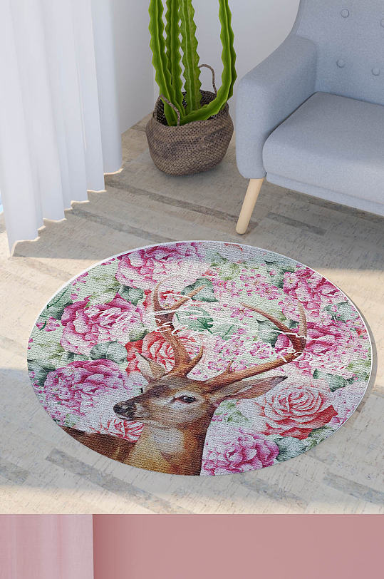 北欧简约花朵麋鹿唯美圆形地毯垫子印花图