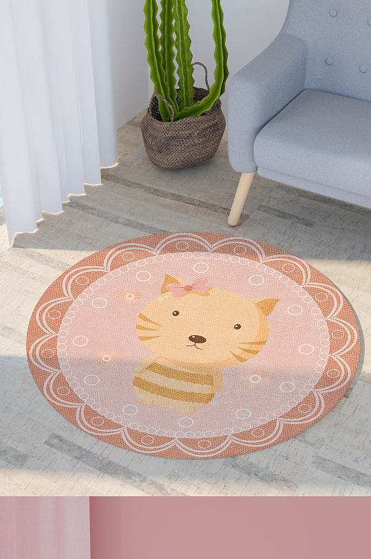 米黄色小猫咪花边圆形地毯印花装饰画图案