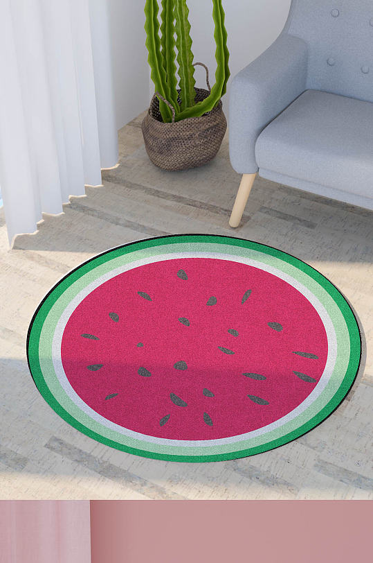 西瓜图案可爱卡通儿童房圆形垫子地毯印花-众图网
