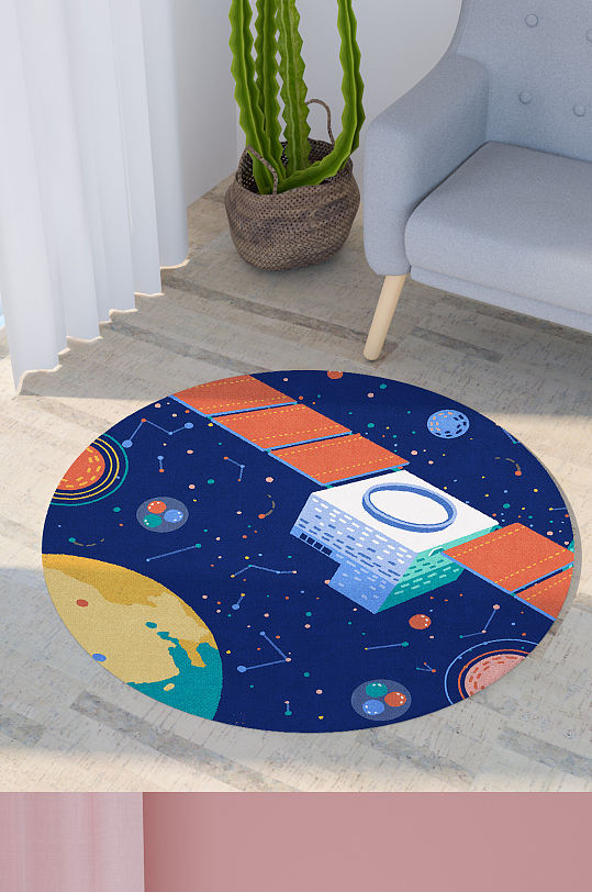 蓝色宇宙方形图案圆形地毯印花卡通高清图