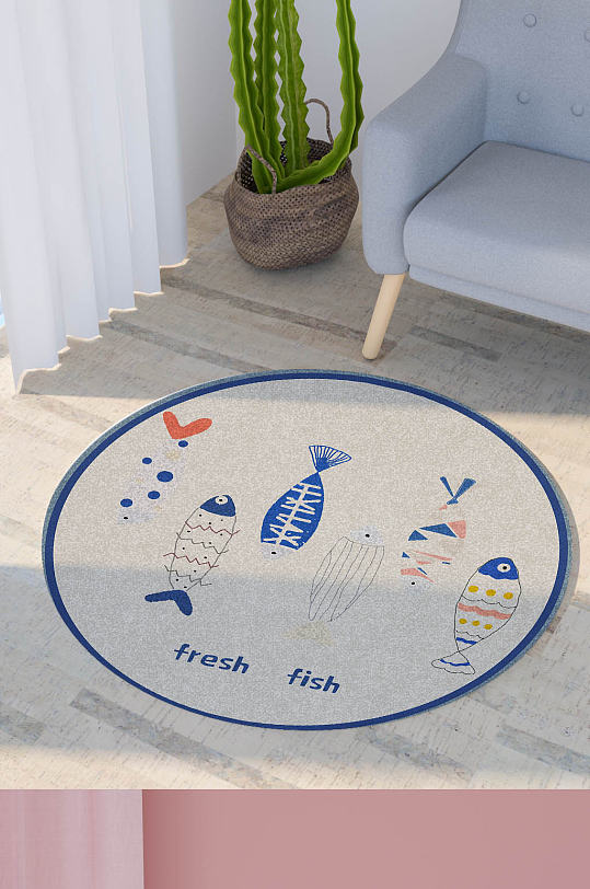 手绘小鱼线条现代卡通画芯儿童房地毯圆形-众图网