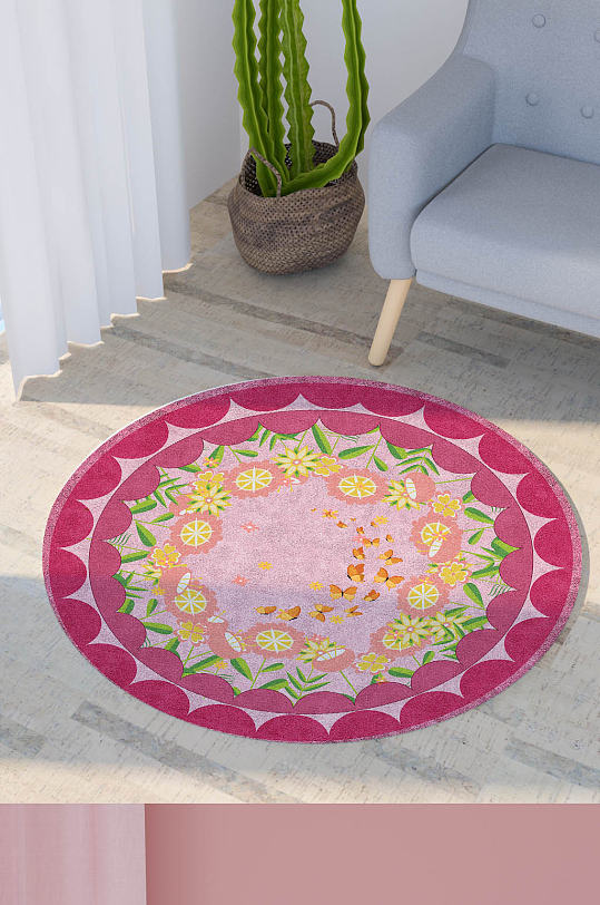 粉色圆环花朵蝴蝶圆形地毯垫子印花图