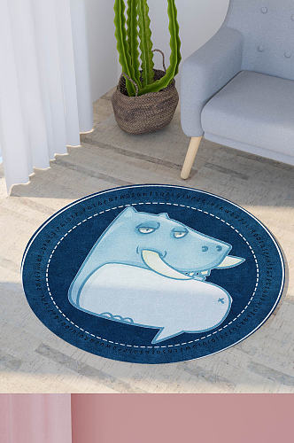 蓝色河马小动物卡通圆形地毯印花图案