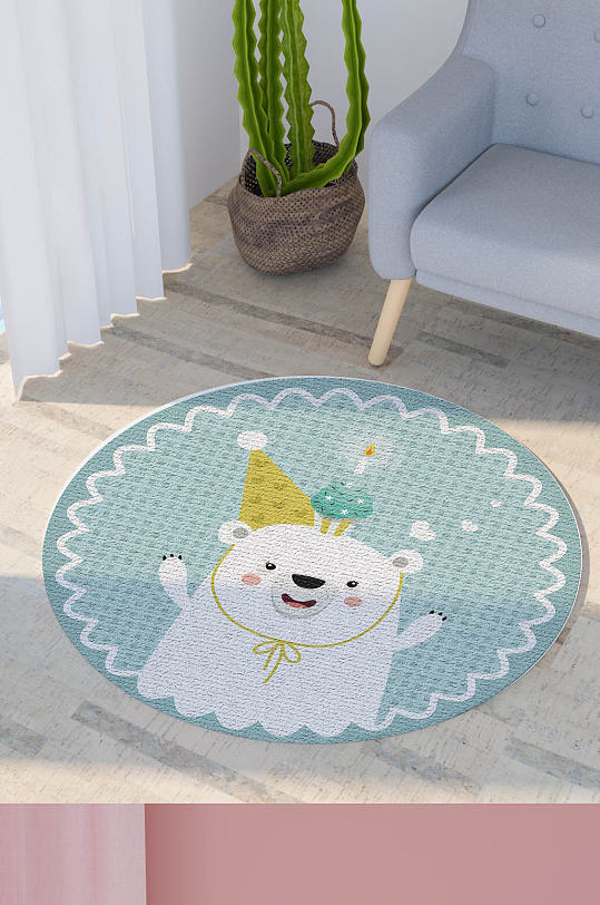 蓝色可爱卡通小白熊圆形印花背景垫子地毯图-众图网