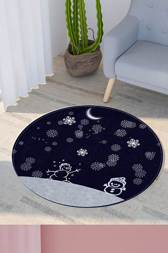 蓝色雪人手绘雪花风景圆形地毯背景印花图