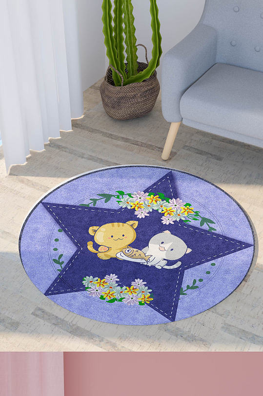 五角星小猫钓鱼花朵可爱卡通圆形地毯印花图