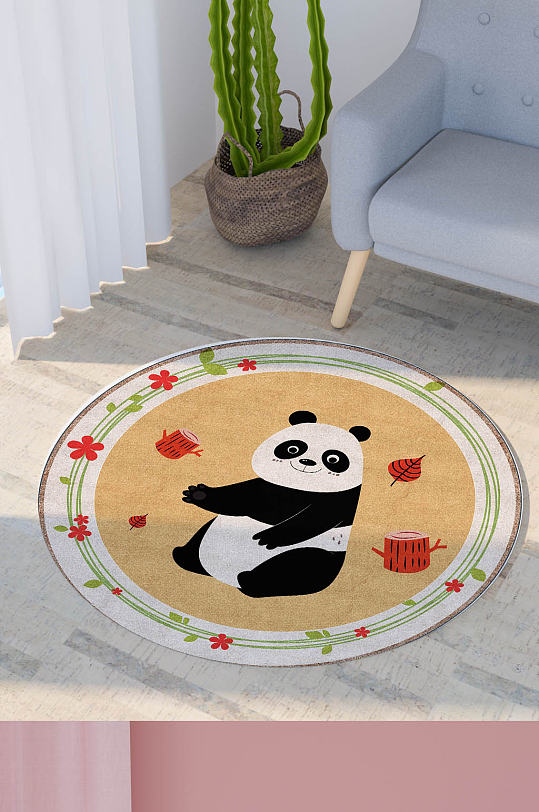 黑白大熊猫可爱小动物圆形花环地毯印花图