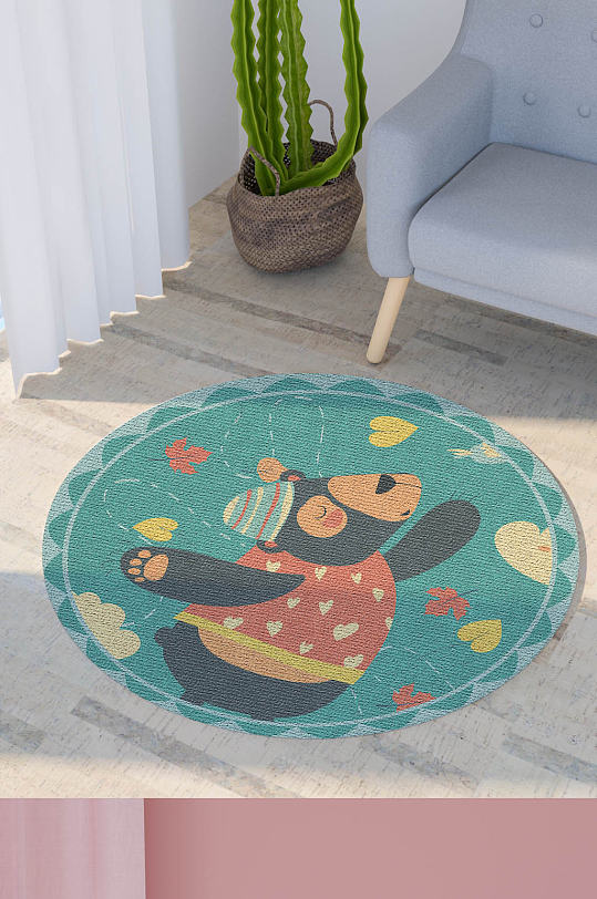 可爱小动物卡通小熊圆形地毯垫子印花图片