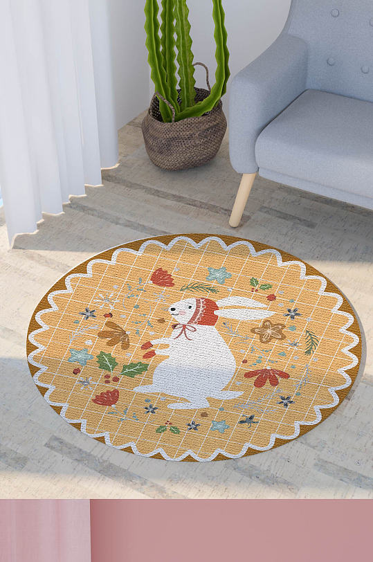 卡通可爱小白兔花朵圆形地毯垫子印花高清图